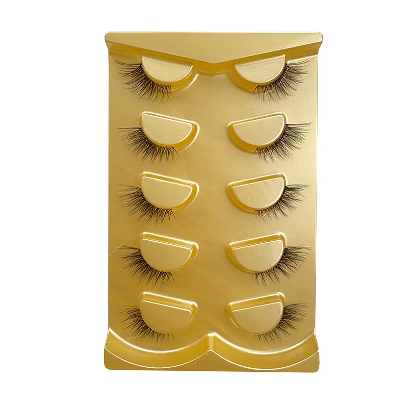5 Pairs Faux Mink Half Lashes with Clear Band – Fox Eye Slanted Curling False Eyelashes, Natural Wispy 3/4 Strip Lashes for Everyday Wear, Reusable